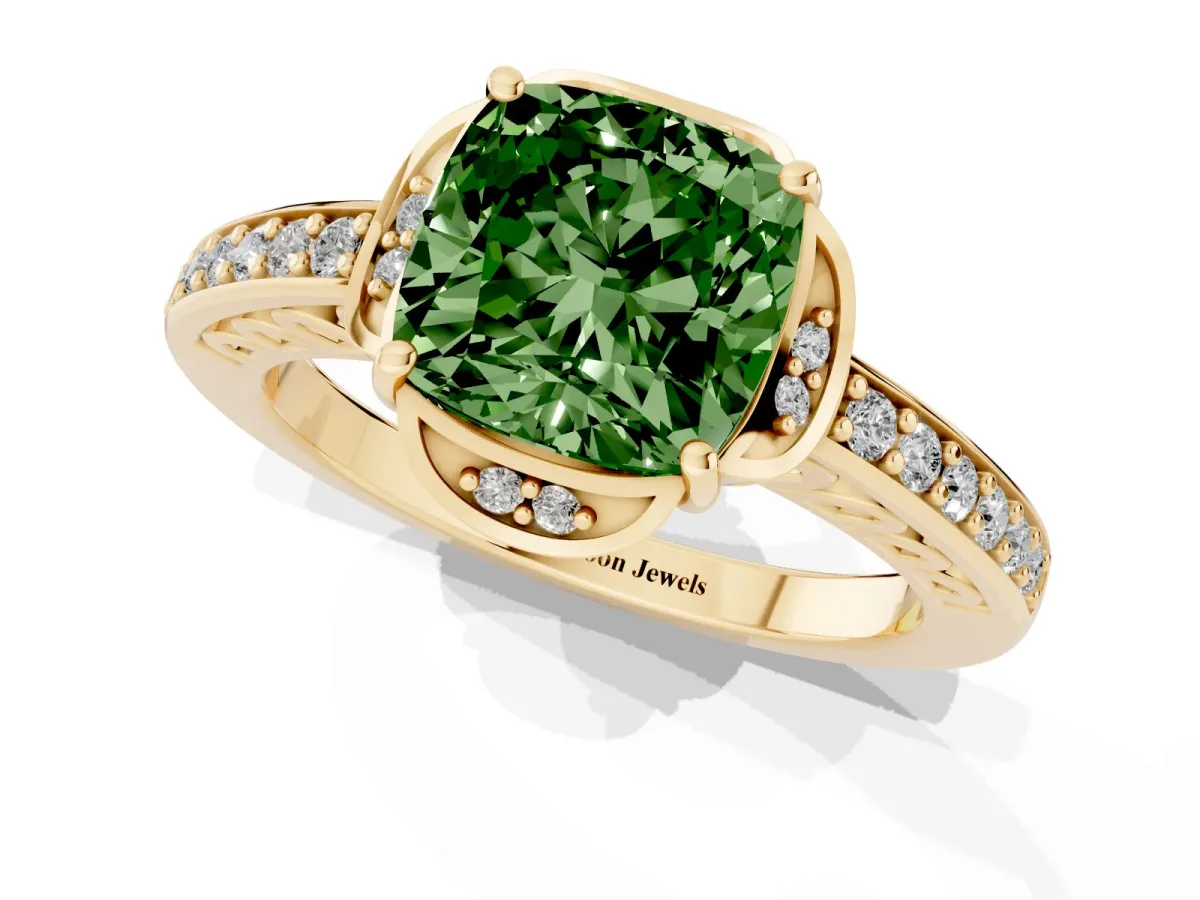Fancy Green Cushion Cut Cut Halo Diamond Ring with Channel Set Band and Four-Prong Setting Yellow gold