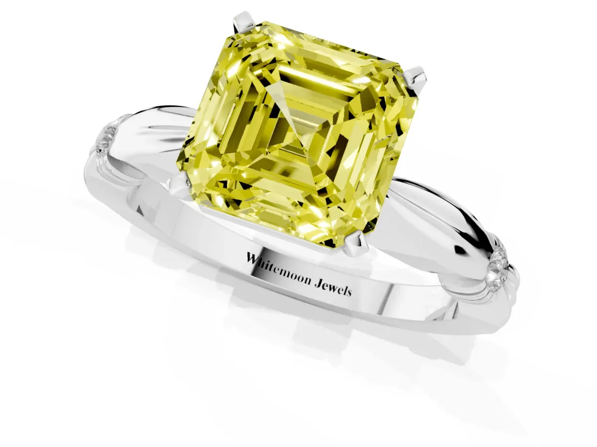Fancy Yellow Asscher Cut Solitaire Diamond Twisted Band with Four-Prong Setting Silver