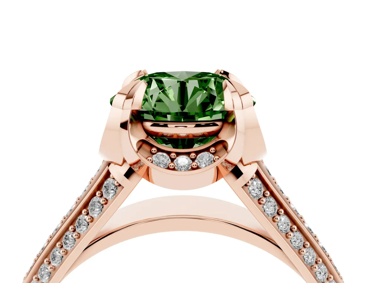 Fancy Green Round Cut Solitaire Pave Split Shank Ring with Four-Prong Setting Rose gold