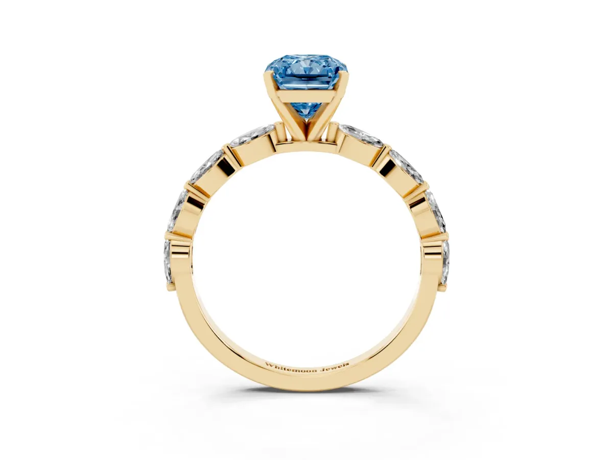 Fancy Blue Radiant Cut Diamond Ring with Marquise Side Stones and Prong Setting Yellow gold