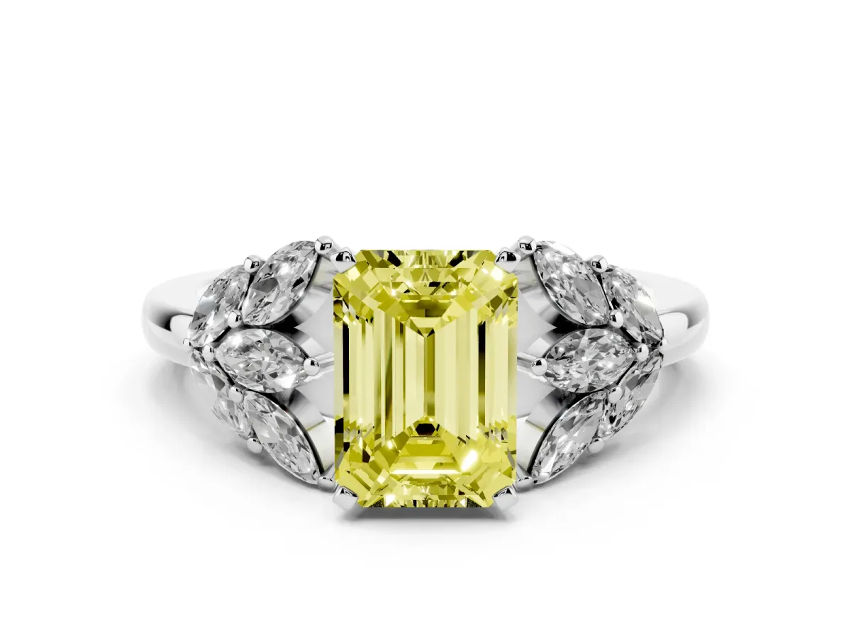 Fancy Yellow Emerald Cut Diamond Cluster Leaf Design Ring with Prong Setting White gold