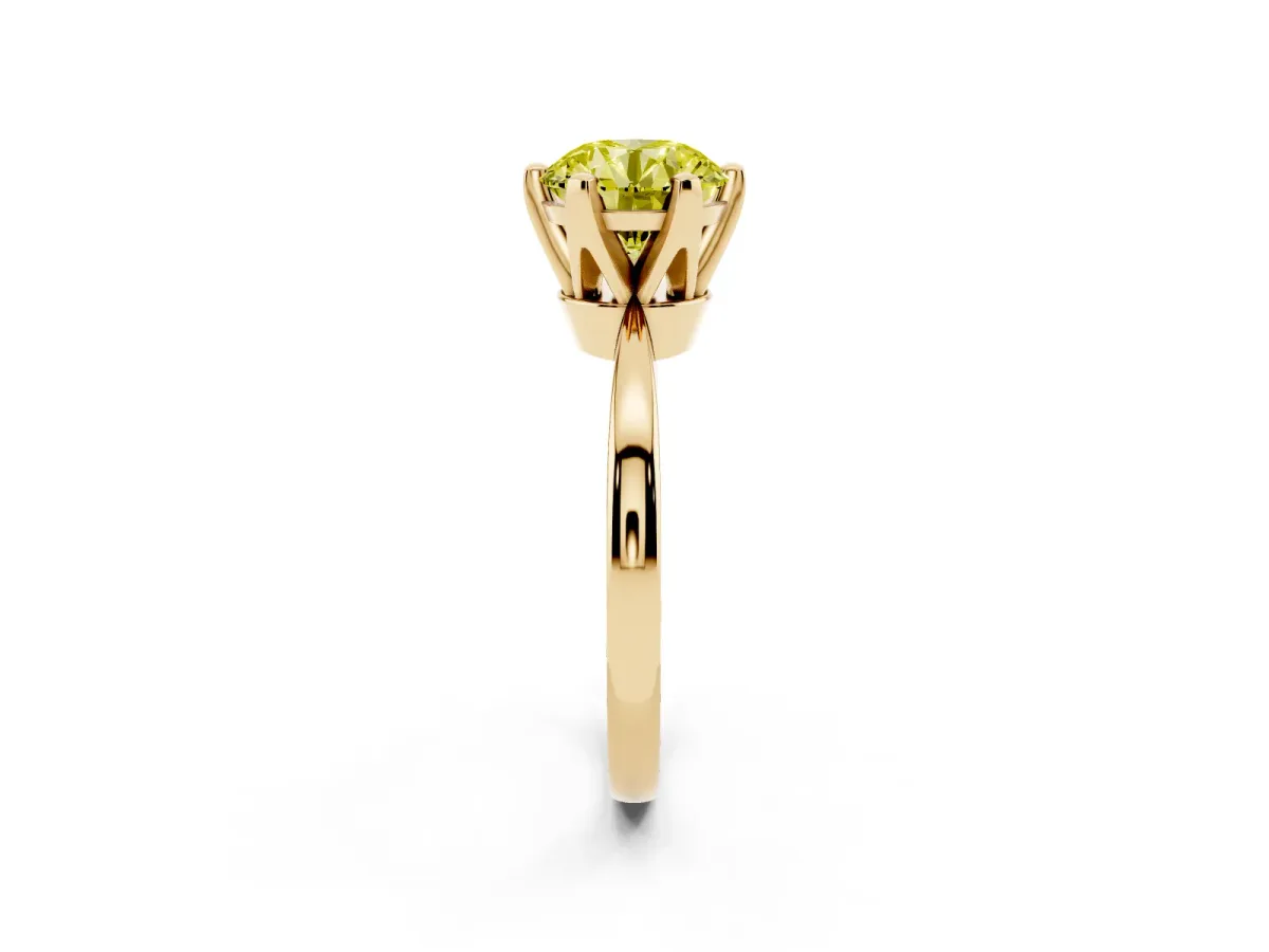 Fancy Yellow Round Cut Solitaire Engagement Ring with Six-Prong Setting and Tapered Band Yellow gold