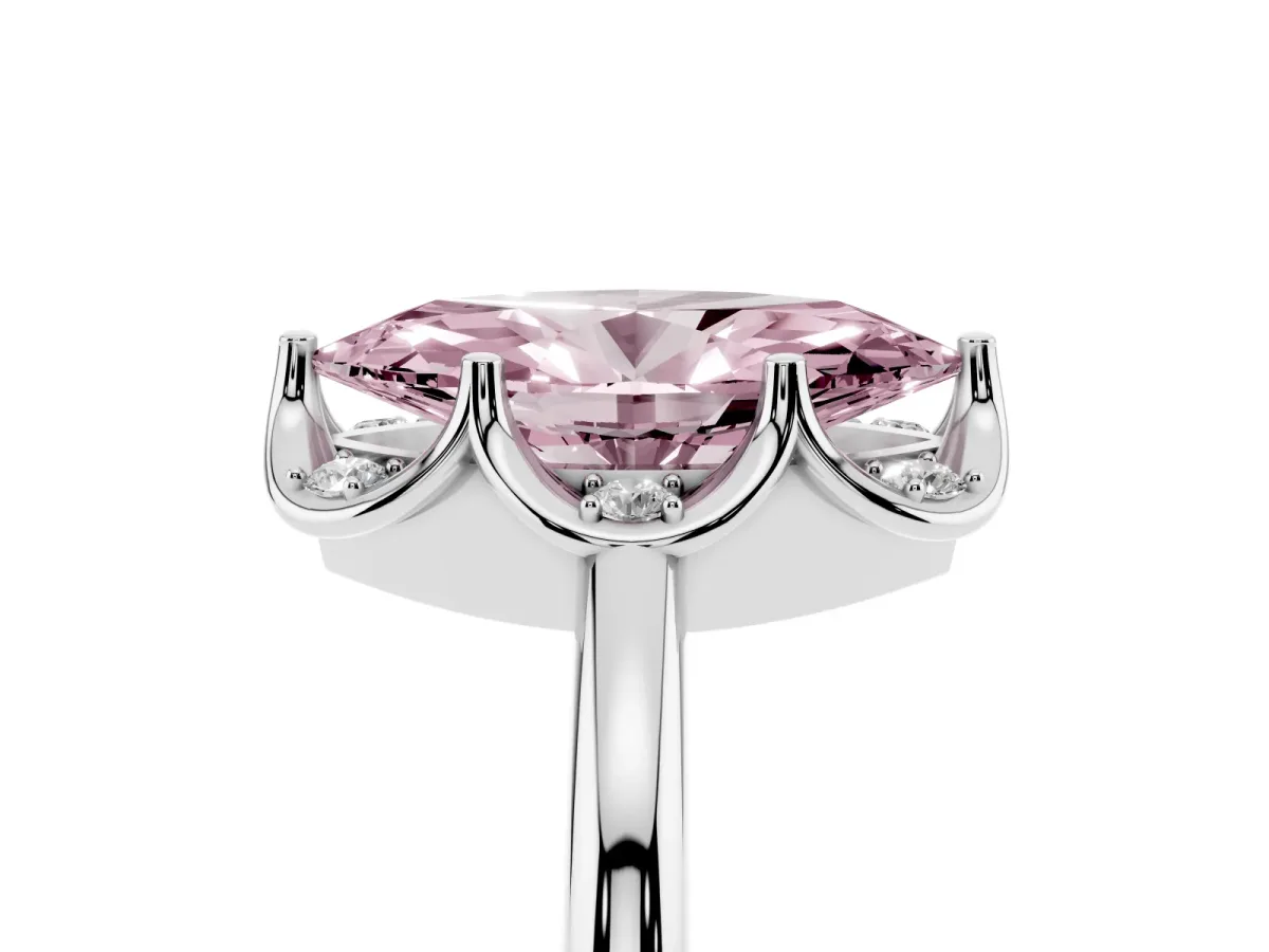 Fancy Pink Marquise Cut Halo Diamond Ring with Round Cluster Setting, Solitaire Band, and Four-Prong Setting Platinum
