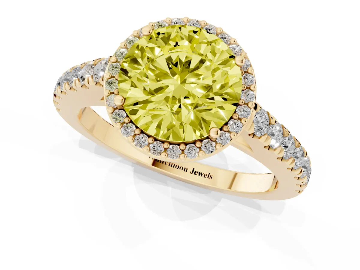 Fancy Yellow Round Cut Cut Halo Diamond Engagement Ring with Pave Band and Four-Prong Setting Yellow gold