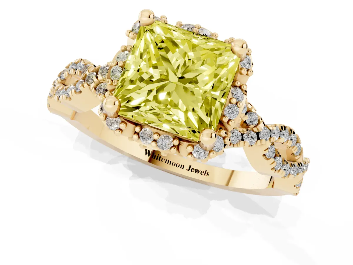 Fancy Yellow Princess Cut Halo Twist Band Solitaire Ring with Six-Prong Setting Yellow gold