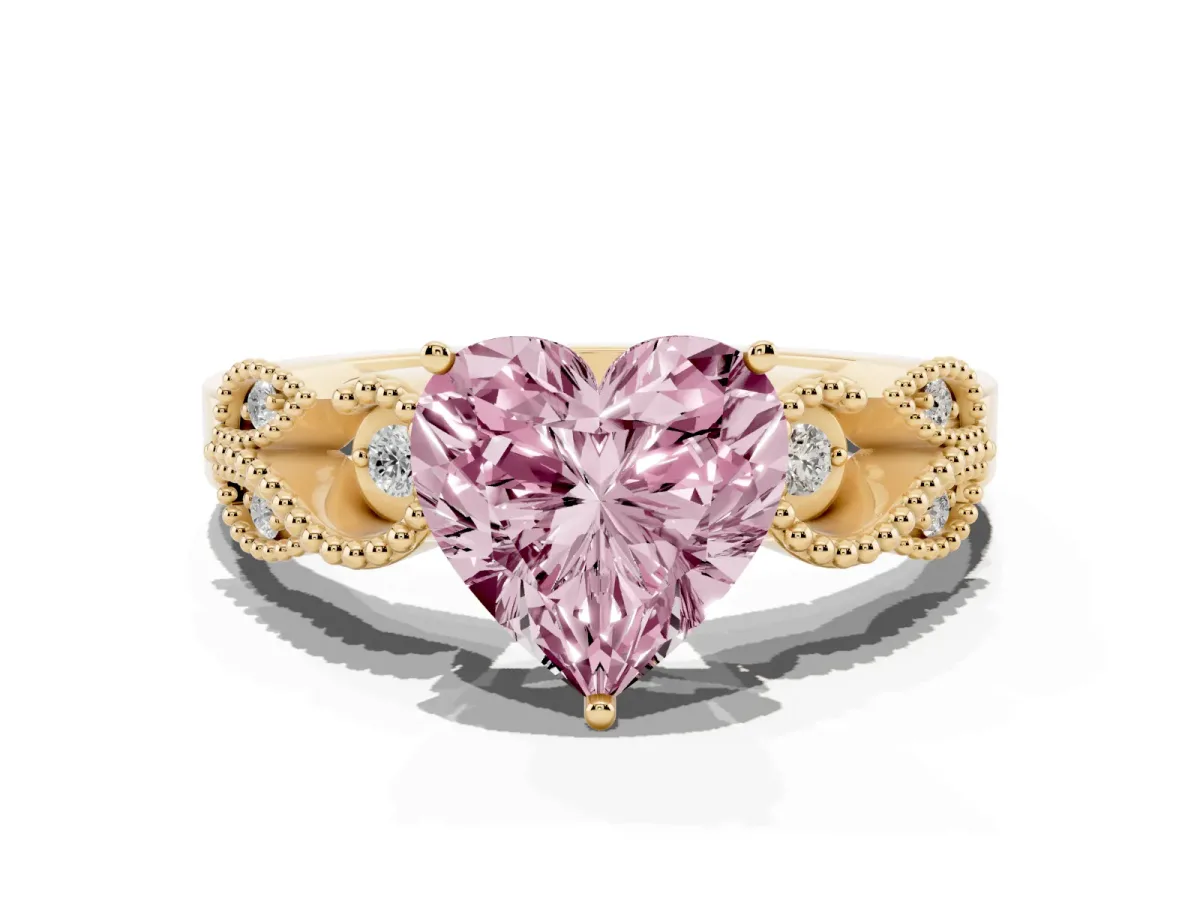 Fancy Pink Heart Cut Solitaire Milgrain Leaf Band with Prong Setting Yellow gold