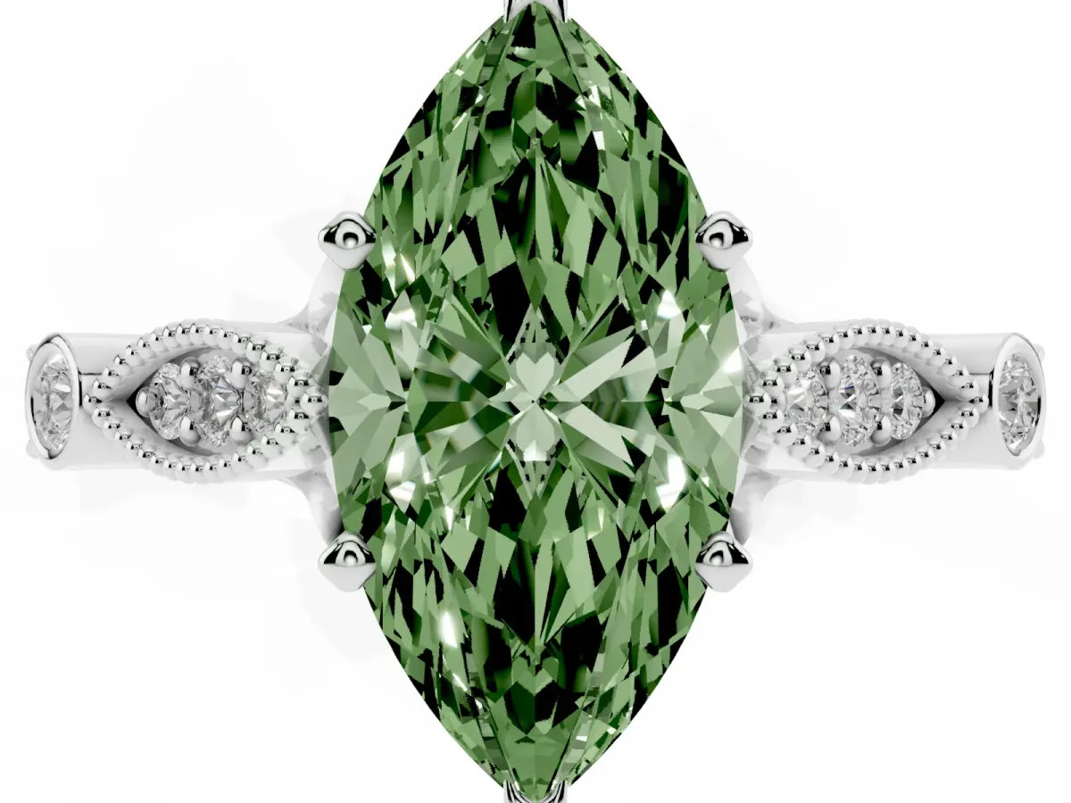 Fancy Green Marquise Cut Cut Diamond with Milgrain Marquise and Bezel Accents on a Solitaire Band with Prong Setting White gold