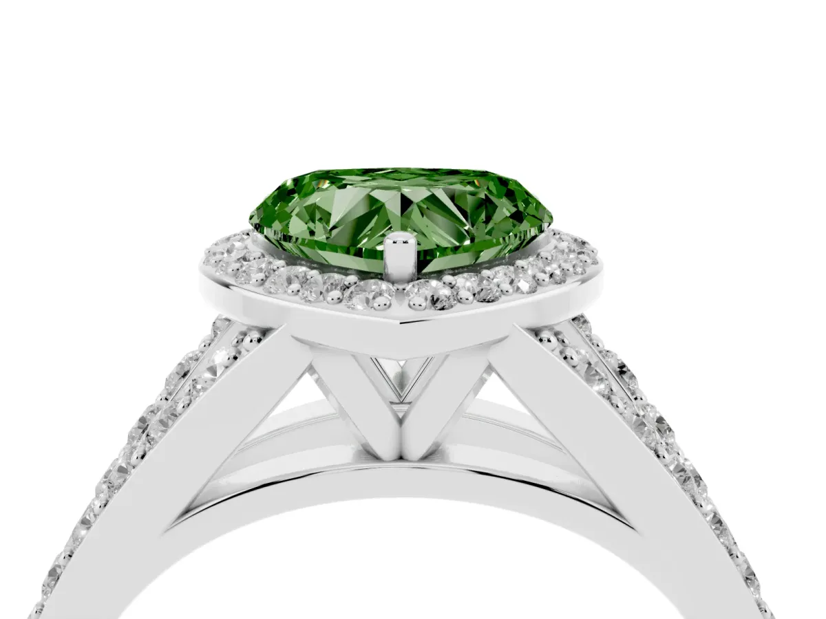 Fancy Green Heart Cut Diamond Split Shank Halo Ring with Four-Prong Setting Silver