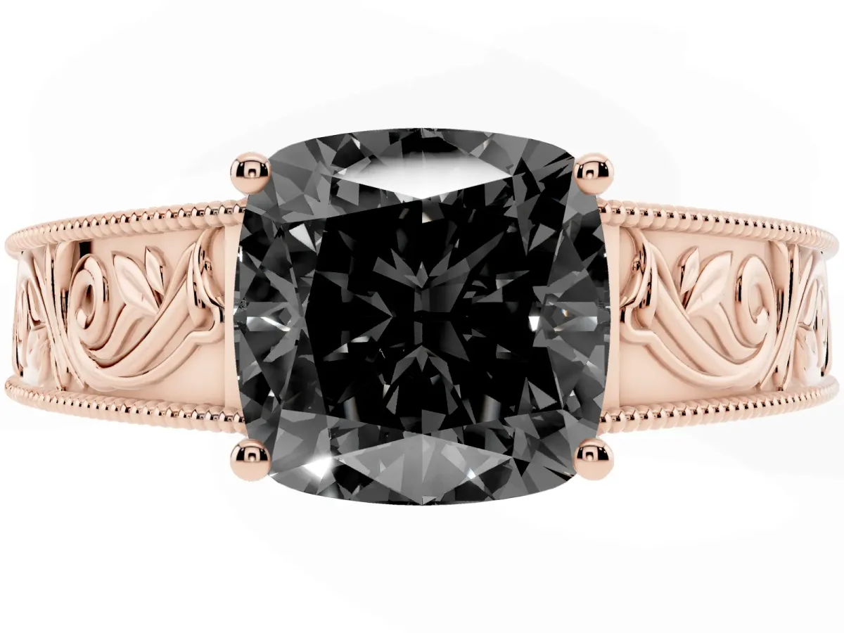 Fancy Black Cushion Cut Diamond Solitaire Ring with Engraved Band and Four-Prong Setting Rose gold