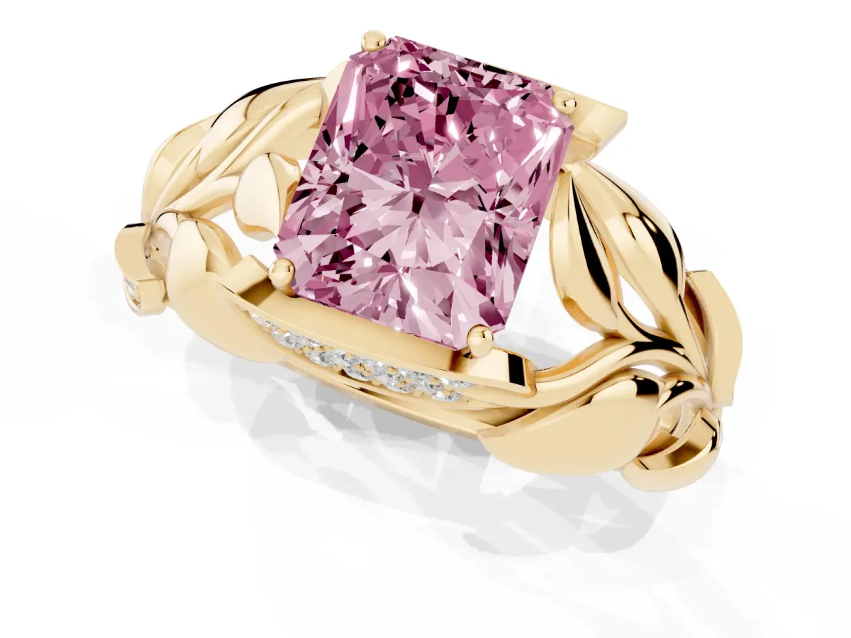 Fancy Pink Radiant Cut Diamond Leaf-Inspired Engagement Ring with Round Accents and Prong Setting Yellow gold