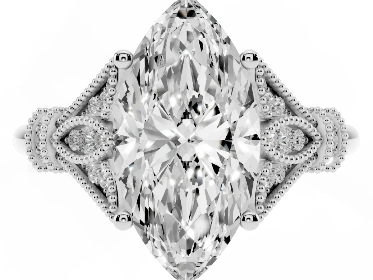 Marquise Cut Diamond Solitaire Ring with Floral Filigree and Pave Accents White gold