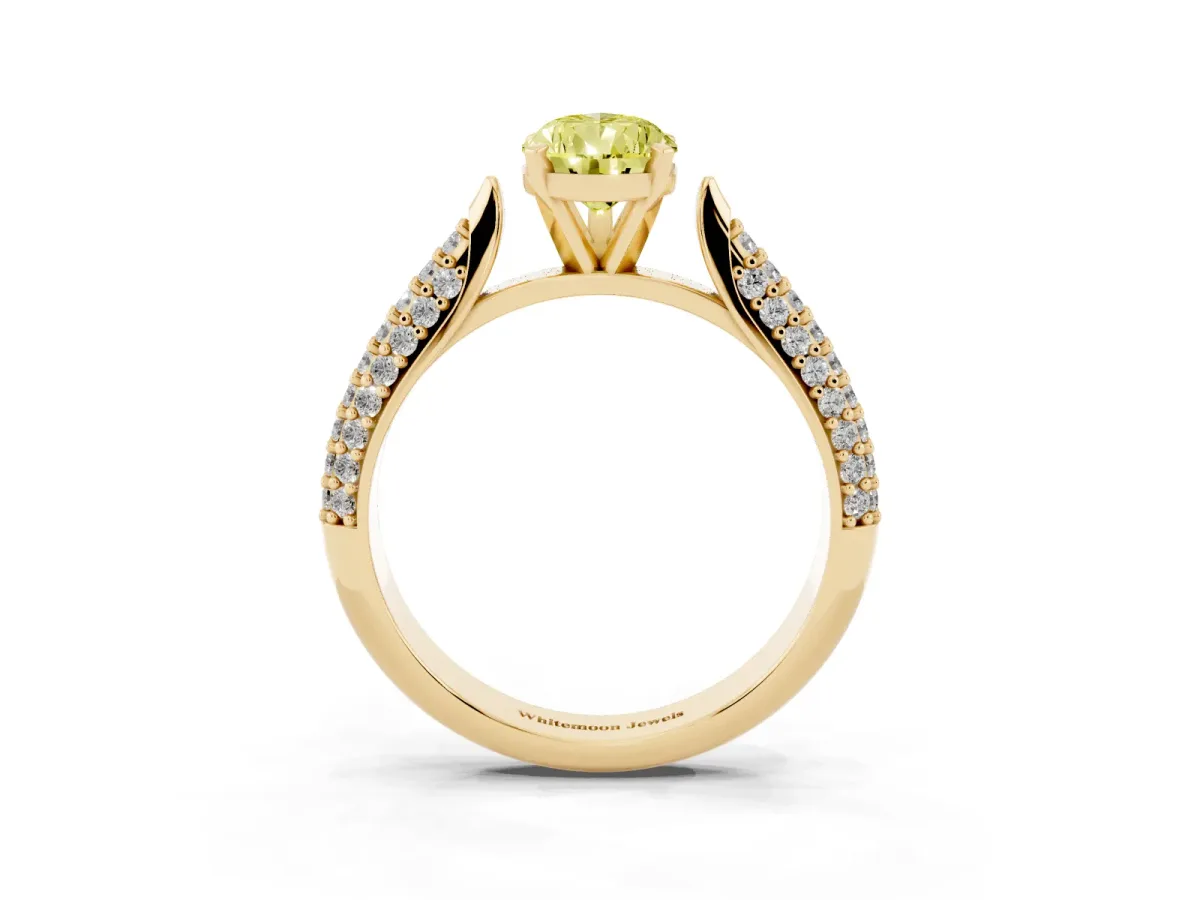 Fancy Yellow Pear Cut Diamond Solitaire Engagement Ring with Multi-Row Round Pavé Band and Prong Setting Yellow gold