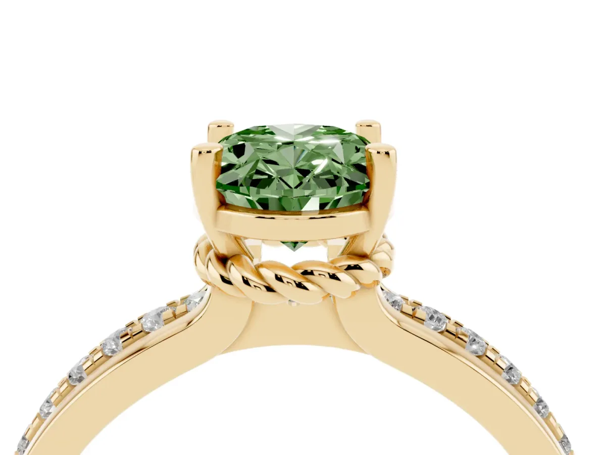 Fancy Green Oval Cut Solitaire Diamond Ring with Channel Set Band and Six-Prong Setting Yellow gold