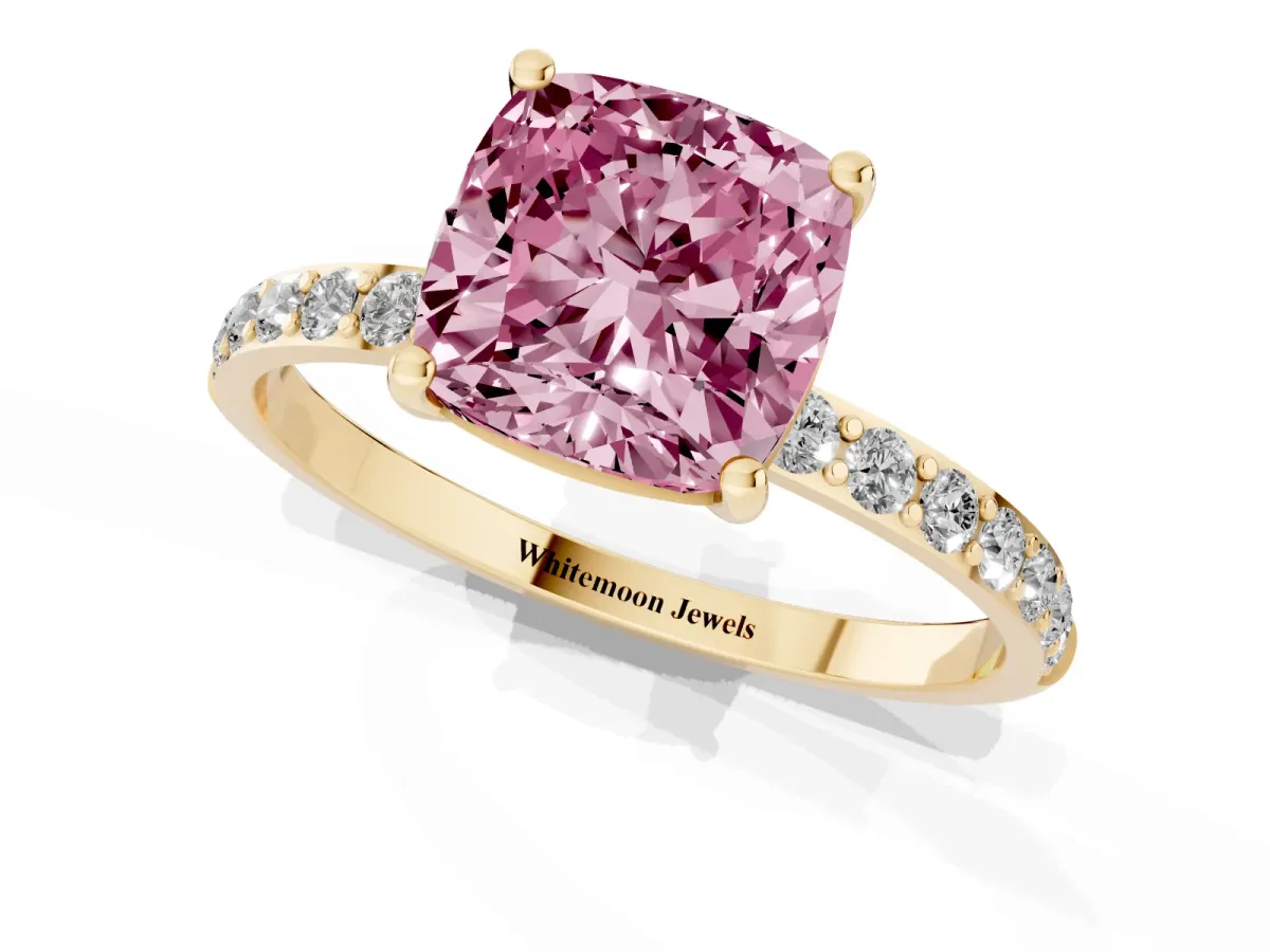 Fancy Pink Cushion Cut Diamond Solitaire Ring with Round Pavé Shoulders and Prong Setting Yellow gold
