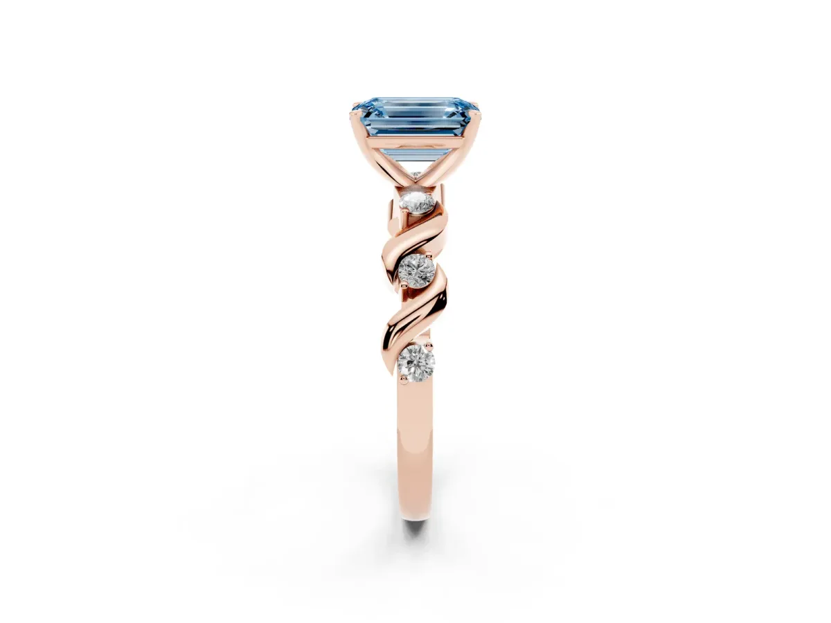 Fancy Blue Emerald Cut Diamond Solitaire Twisted Band with Round Accents and Prong Setting Rose gold