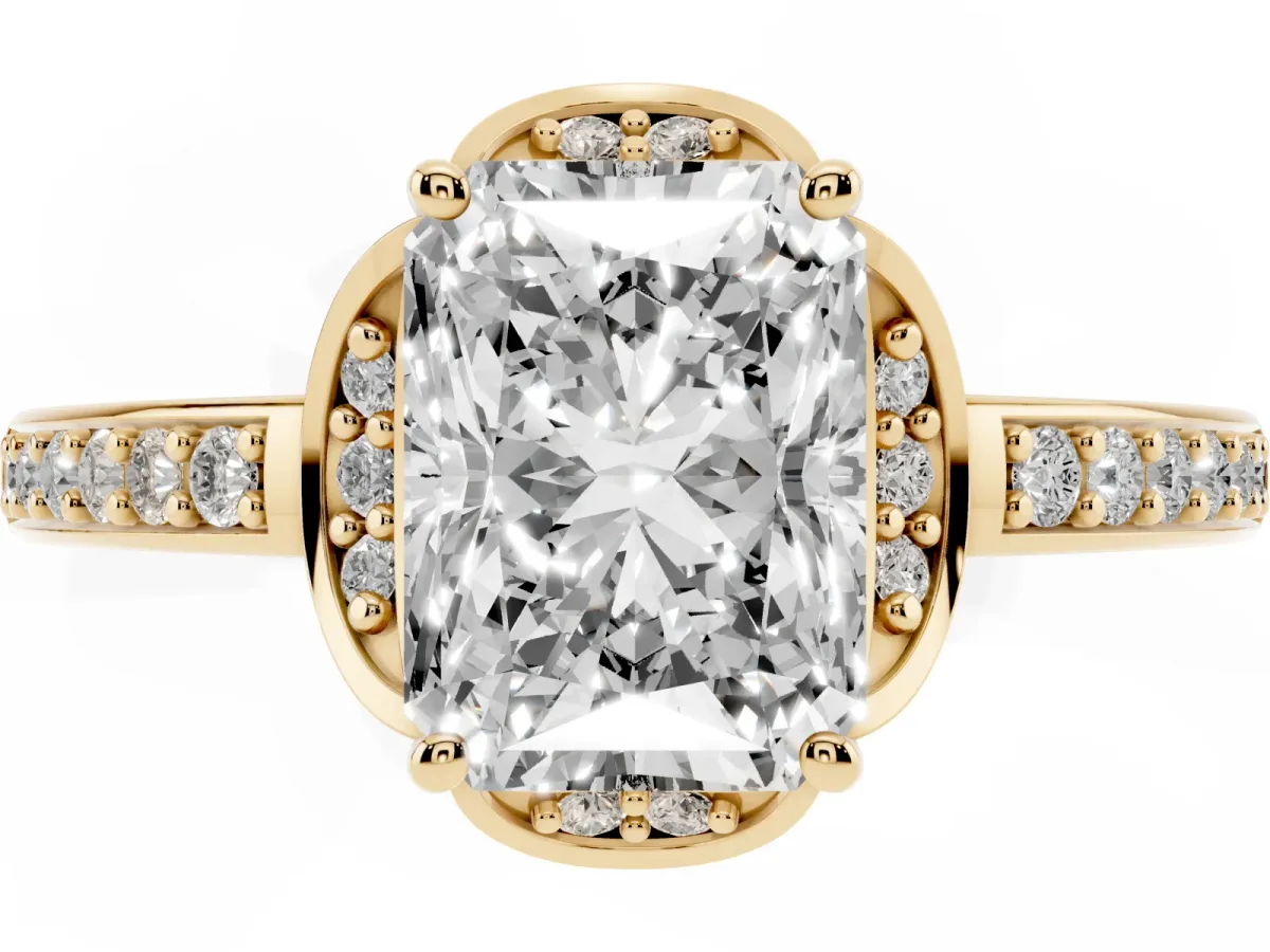 Radiant Cut Cut Halo Diamond Ring with Channel Set Band and Four-Prong Setting Yellow gold