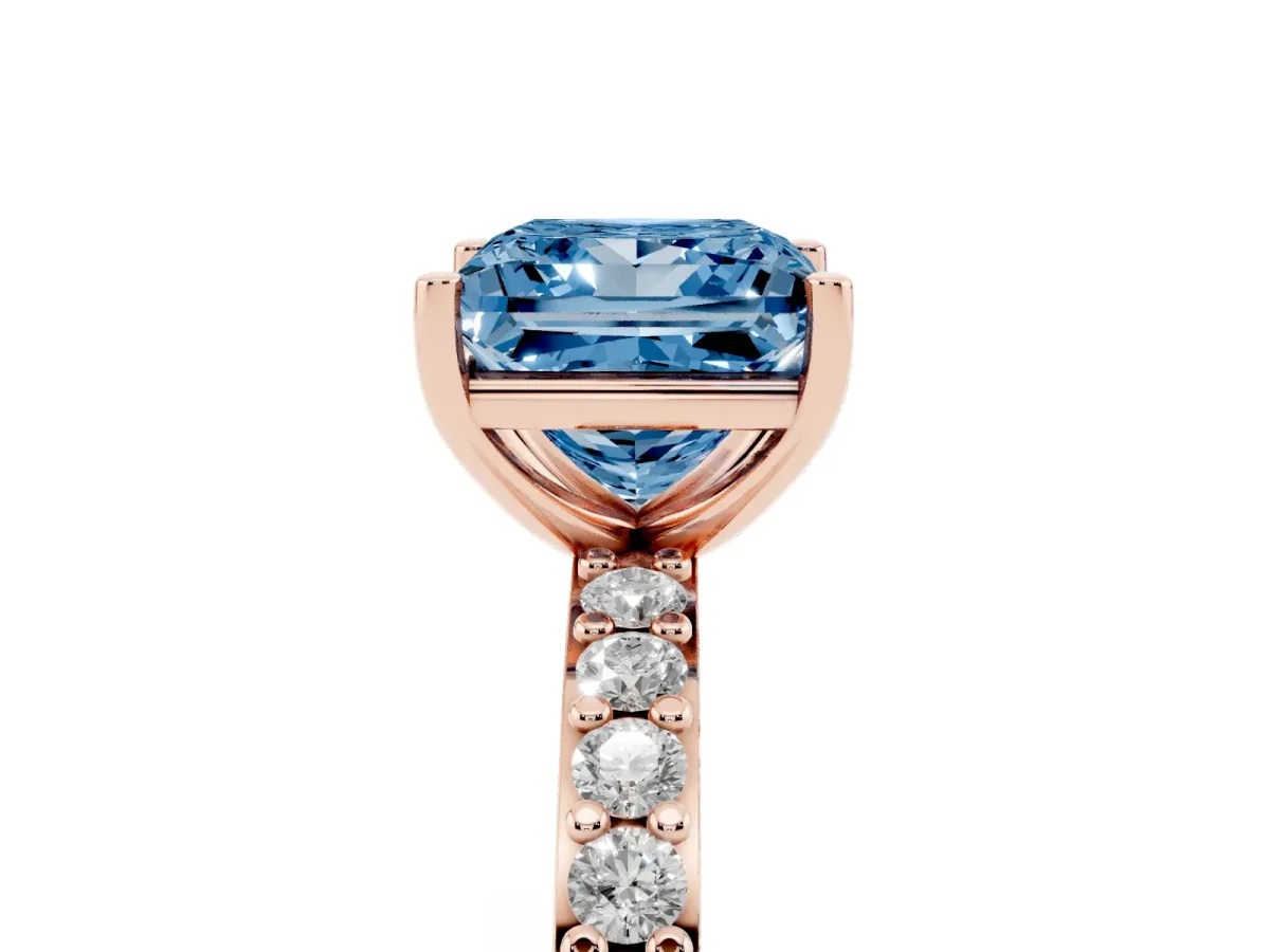 Fancy Blue Princess Cut Cut Diamond Solitaire with Pave Band and Four-Prong Setting Rose gold