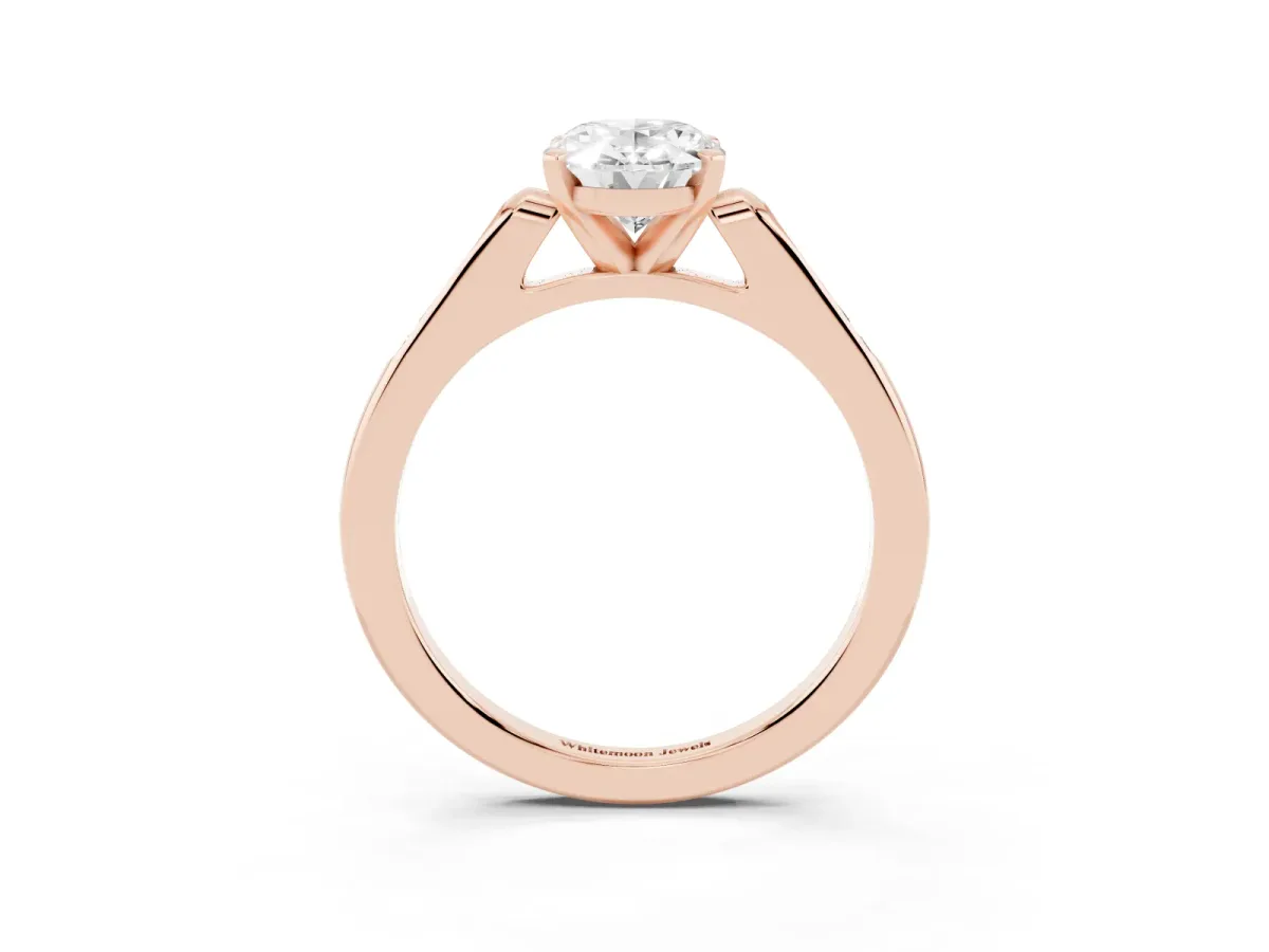 Oval Cut Diamond Solitaire Ring with Channel Set Round Band and Prong Setting Rose gold
