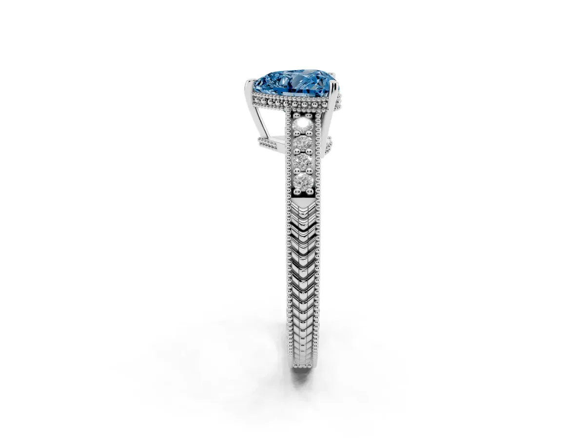 Fancy Blue Heart Cut Solitaire Pavé Diamond Milgrain Engagement Ring with Four-Prong Setting Silver