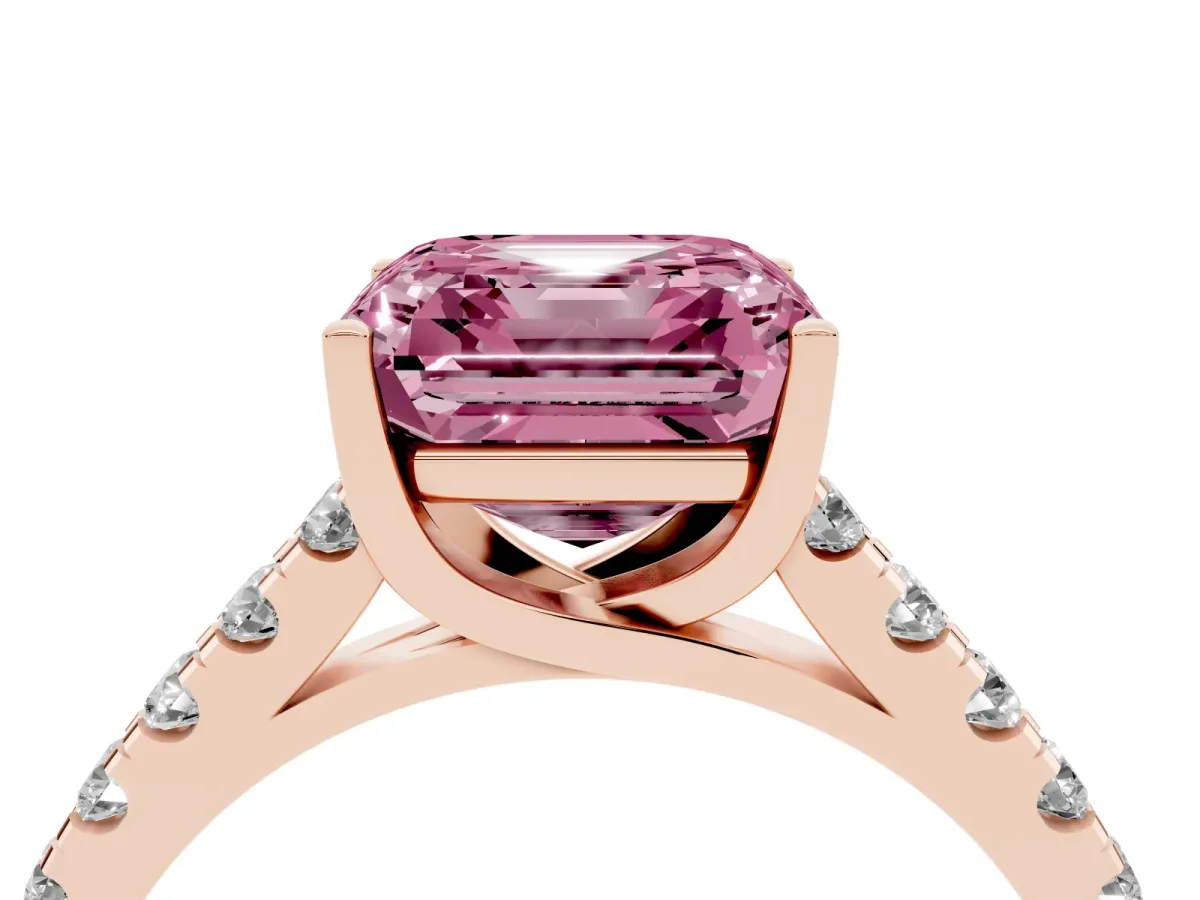 Fancy Pink Asscher Cut Diamond Pavé Band Solitaire Ring with Prong Setting Rose gold