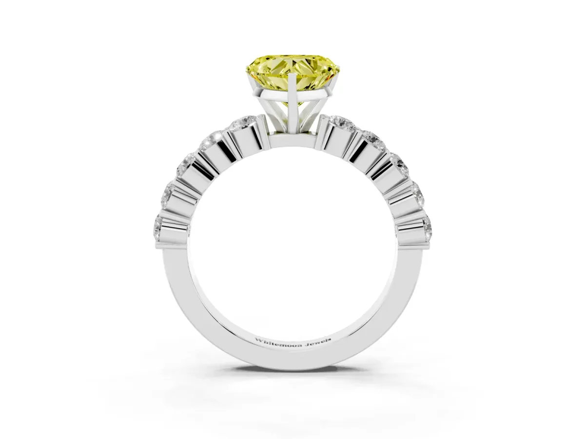 Fancy Yellow Heart Cut Diamond Solitaire Ring with Shared Prong Round Side Stones Silver