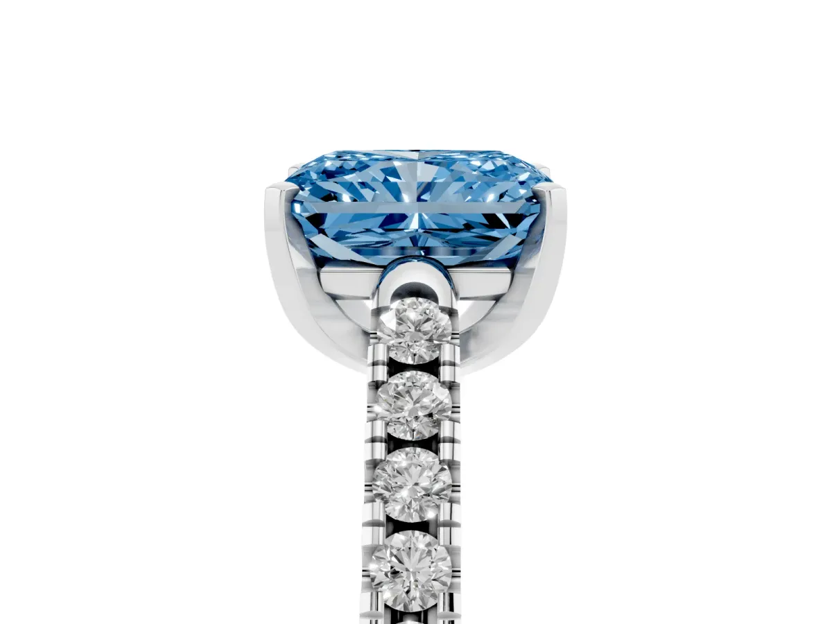 Fancy Blue Radiant Cut Diamond Pavé Band Solitaire Ring with Prong Setting Silver