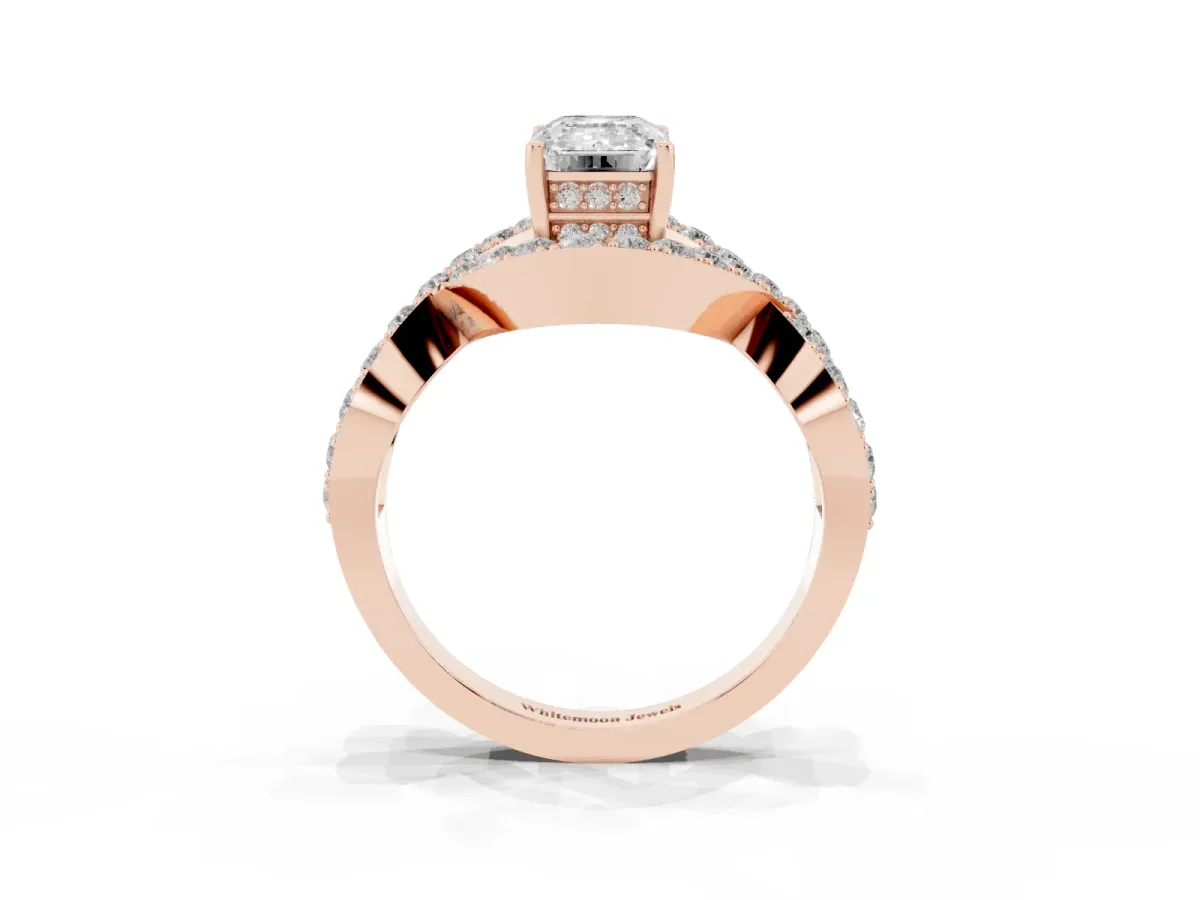 Emerald Cut Solitaire Twist Band Pavé Diamond Engagement Ring Rose gold