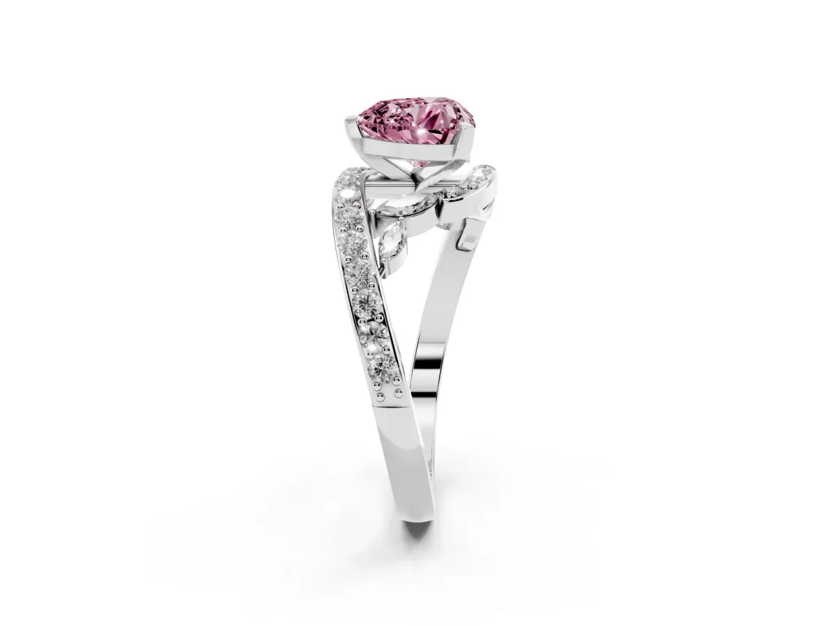 Fancy Pink Heart Cut Solitaire with Pavé Twist Band and Four-Prong Setting Silver