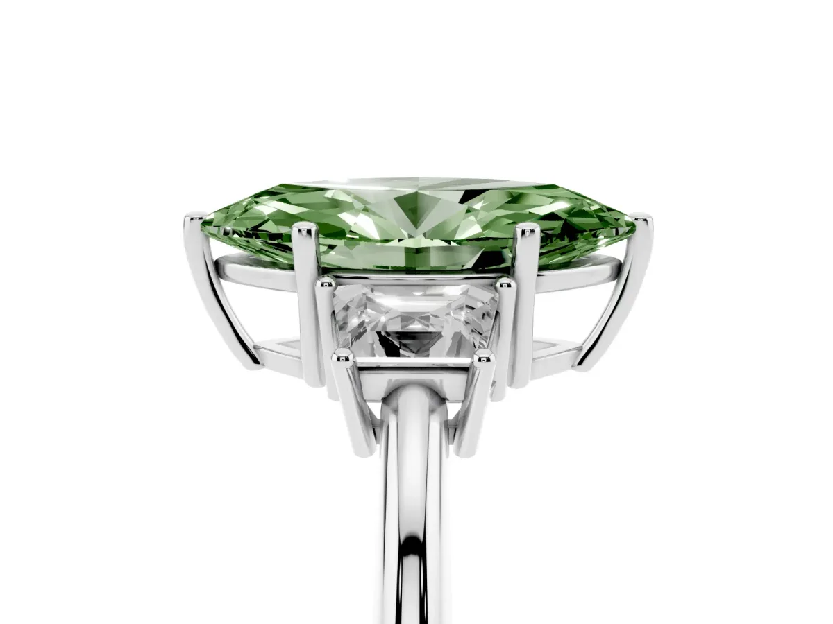 Fancy Green Marquise Cut Diamond Three-Stone Ring with Trapezoid Side Stones and Prong Setting Silver