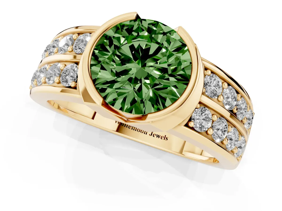 Fancy Green Round Cut Brilliant Diamond Channel Set Wide Band Ring with Bezel Setting Yellow gold