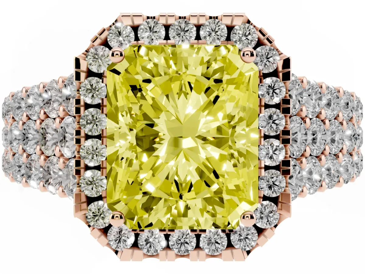 Fancy Yellow Radiant Cut Diamond Halo Engagement Ring with Triple Row Round Pavé Band and Prong Setting Rose gold