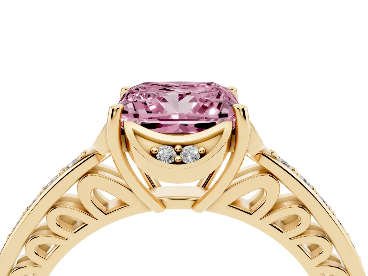 Fancy Pink Princess Cut Cut Halo Diamond Ring with Channel Set Band and Four-Prong Setting Yellow gold