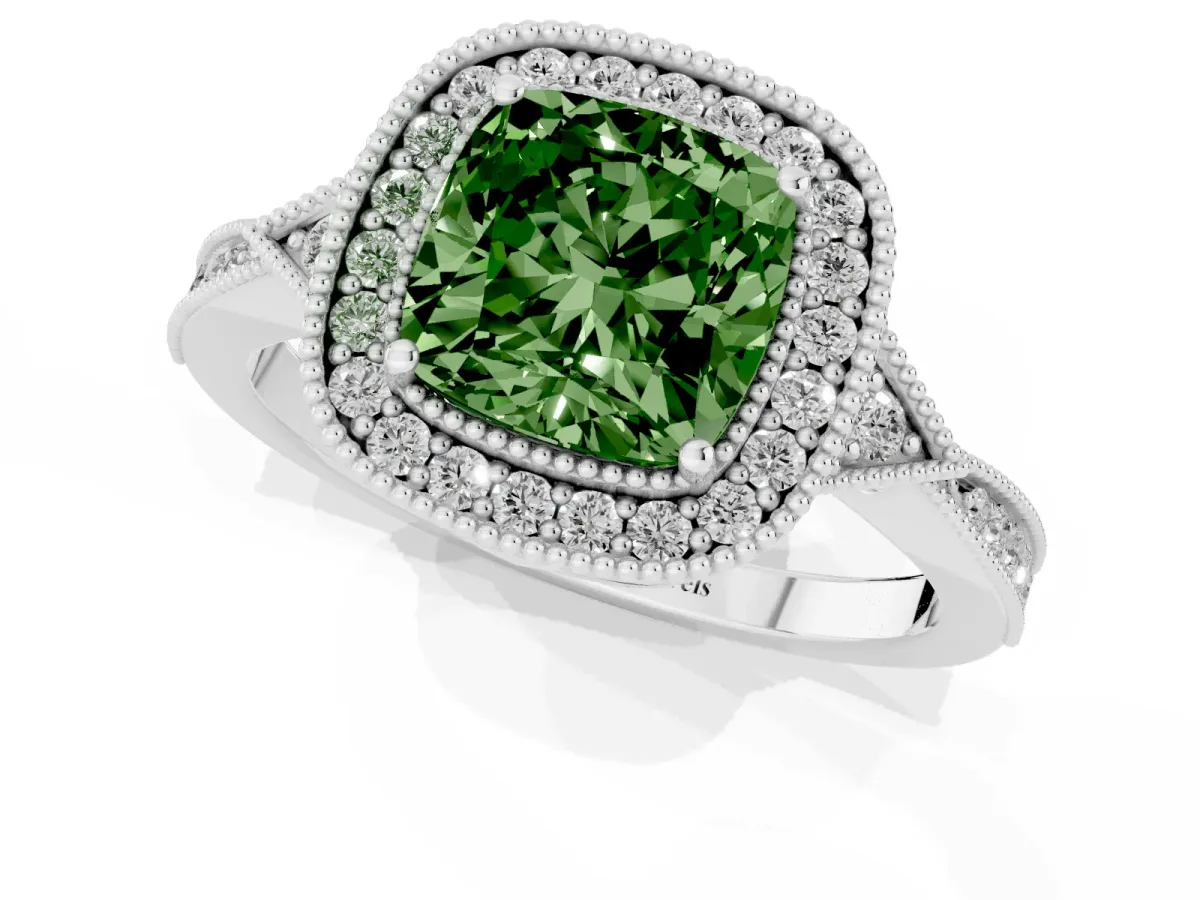 Fancy Green Cushion Cut Halo Round Diamond Milgrain Pave Engagement Ring Silver