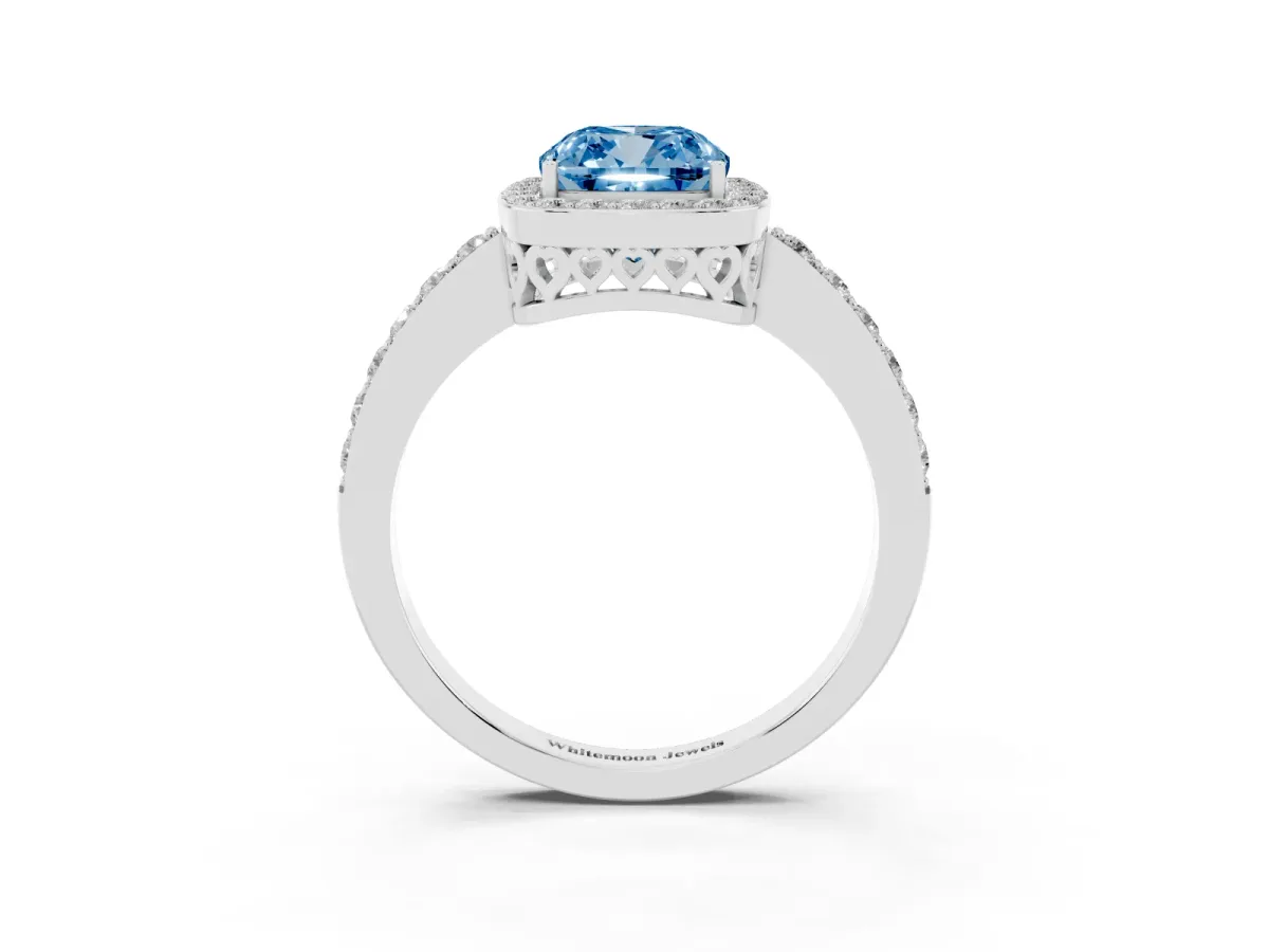 Fancy Blue Cushion Cut Halo Diamond Pavé Band Ring with Prong Setting Silver