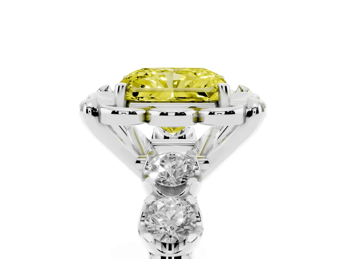Fancy Yellow Radiant Cut Cut Diamond Floral Halo Engagement Ring with Shared Prong Setting White gold