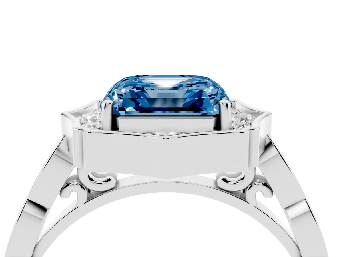 Fancy Blue Asscher Cut Halo Diamond Engagement Ring with Milgrain Band and Four-Prong Setting Silver