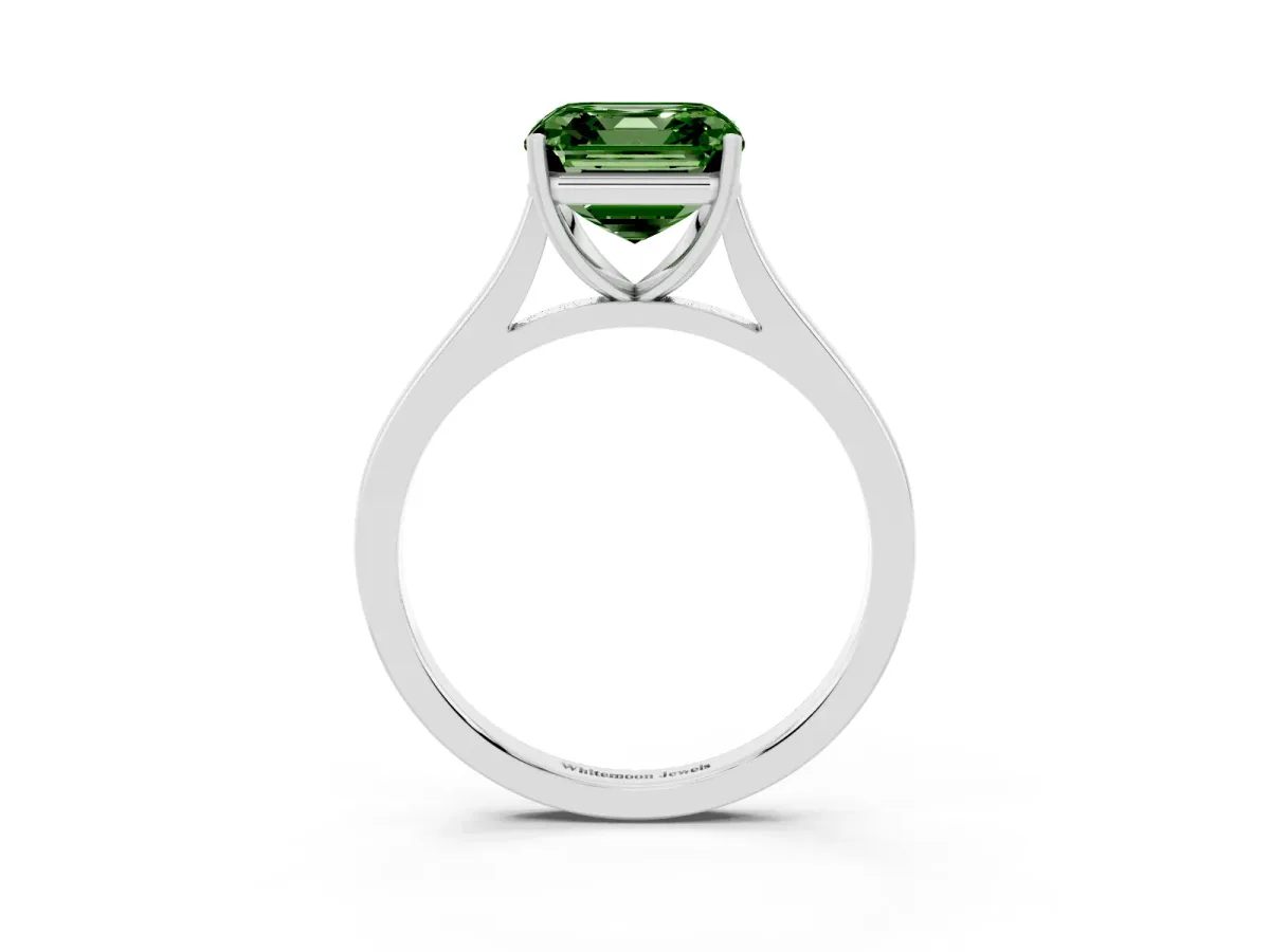 Fancy Green Asscher Cut Solitaire Heart Prong Engagement Ring with Tapered Band Silver