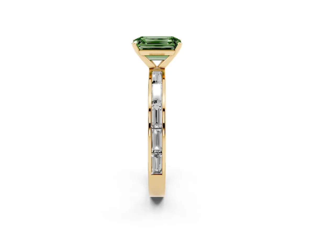 Fancy Green Emerald Cut Solitaire Diamond Ring with Channel-Set Baguette Band and Four-Prong Setting Yellow gold