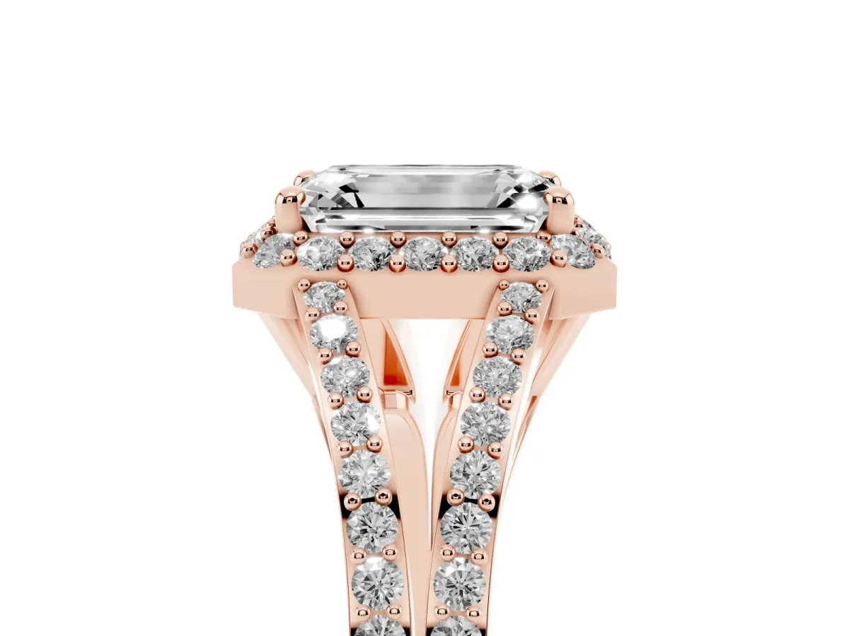 Emerald Cut Halo Split Shank Diamond Ring with Prong Setting Rose gold