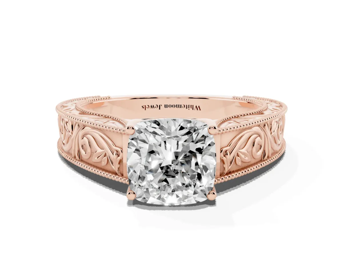 Cushion Cut Diamond Solitaire Ring with Engraved Band and Four-Prong Setting Rose gold