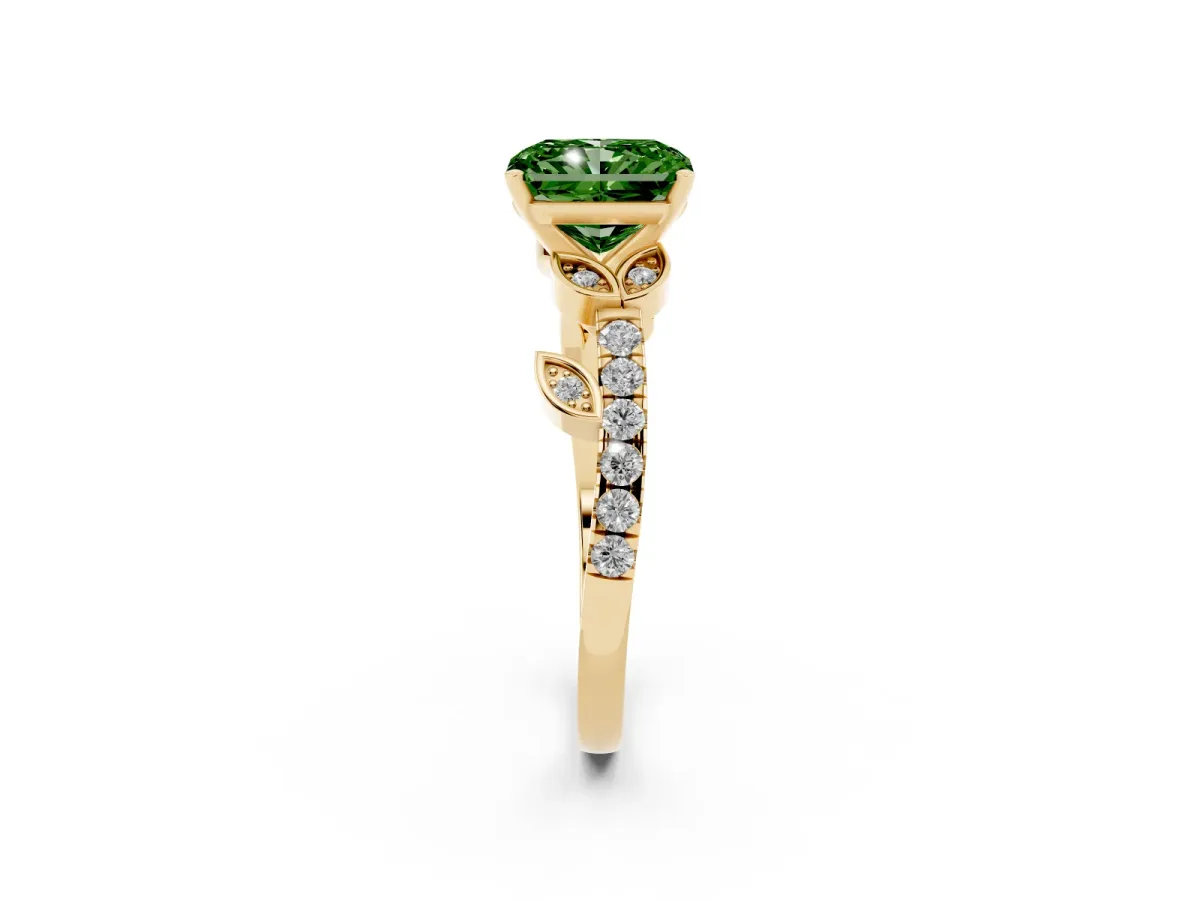 Fancy Green Radiant Cut Solitaire Leaf-Inspired Diamond Ring with Pavé Band and Four-Prong Setting Yellow gold