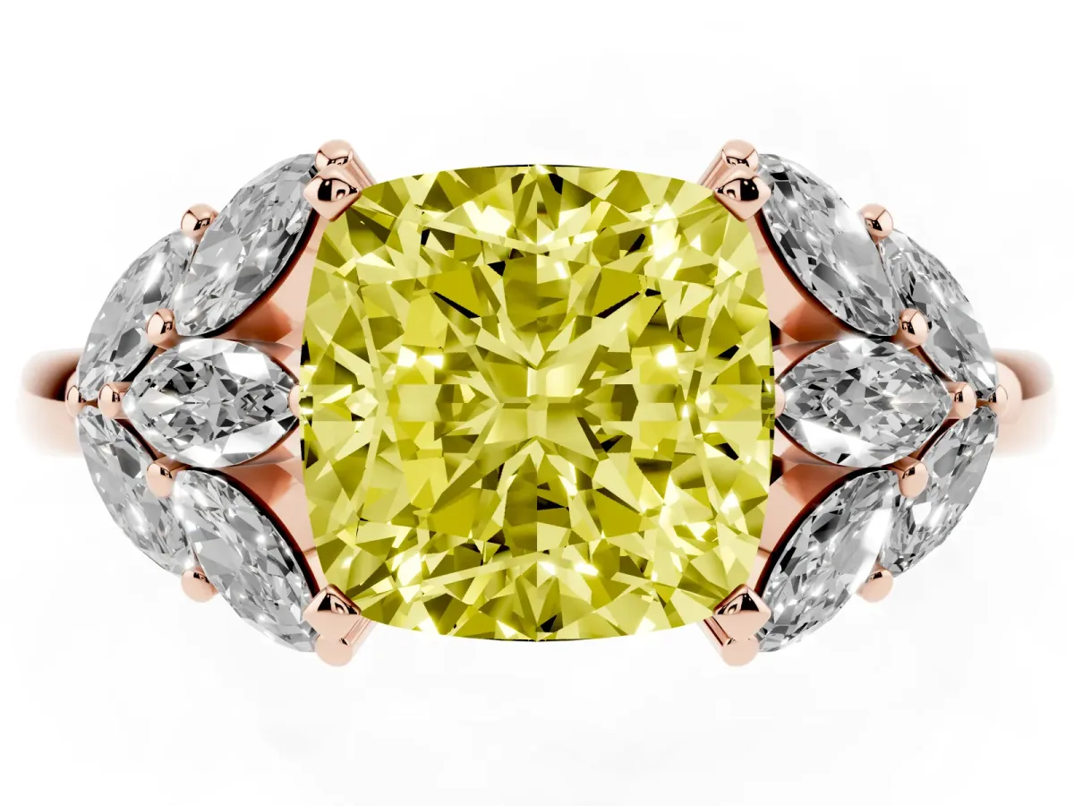 Fancy Yellow Cushion Cut Diamond Cluster Leaf Design Ring with Prong Setting Rose gold