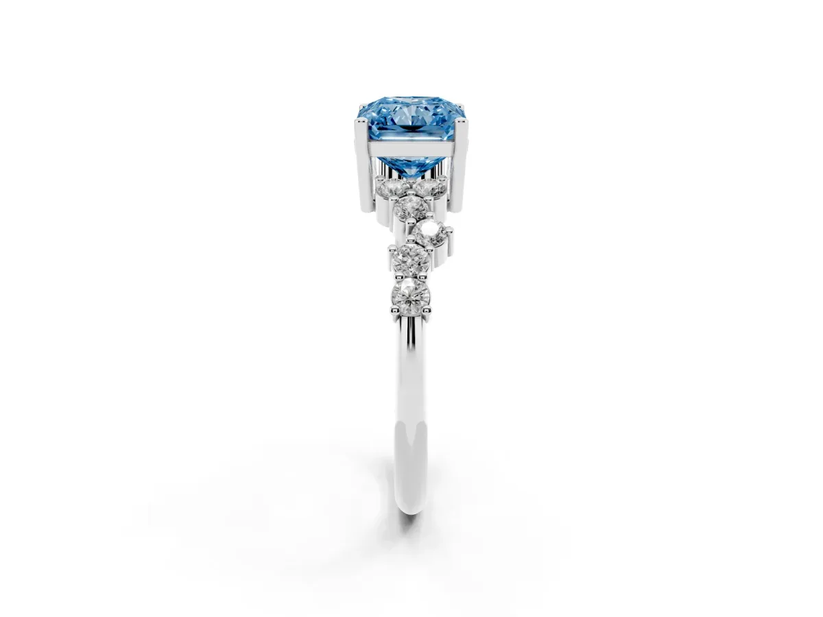 Fancy Blue Radiant Cut Diamond Scattered Round Accent Ring with Prong Setting White gold