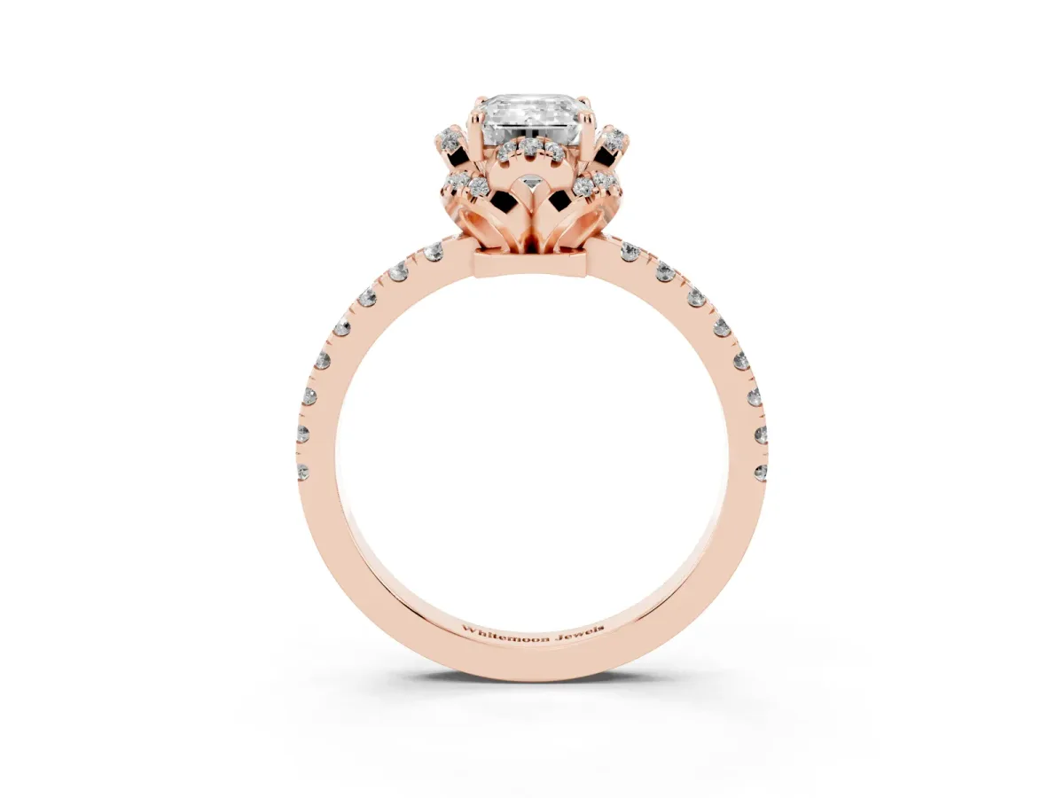 Emerald Cut Diamond Halo Pave Band with Four-Prong Setting Rose gold