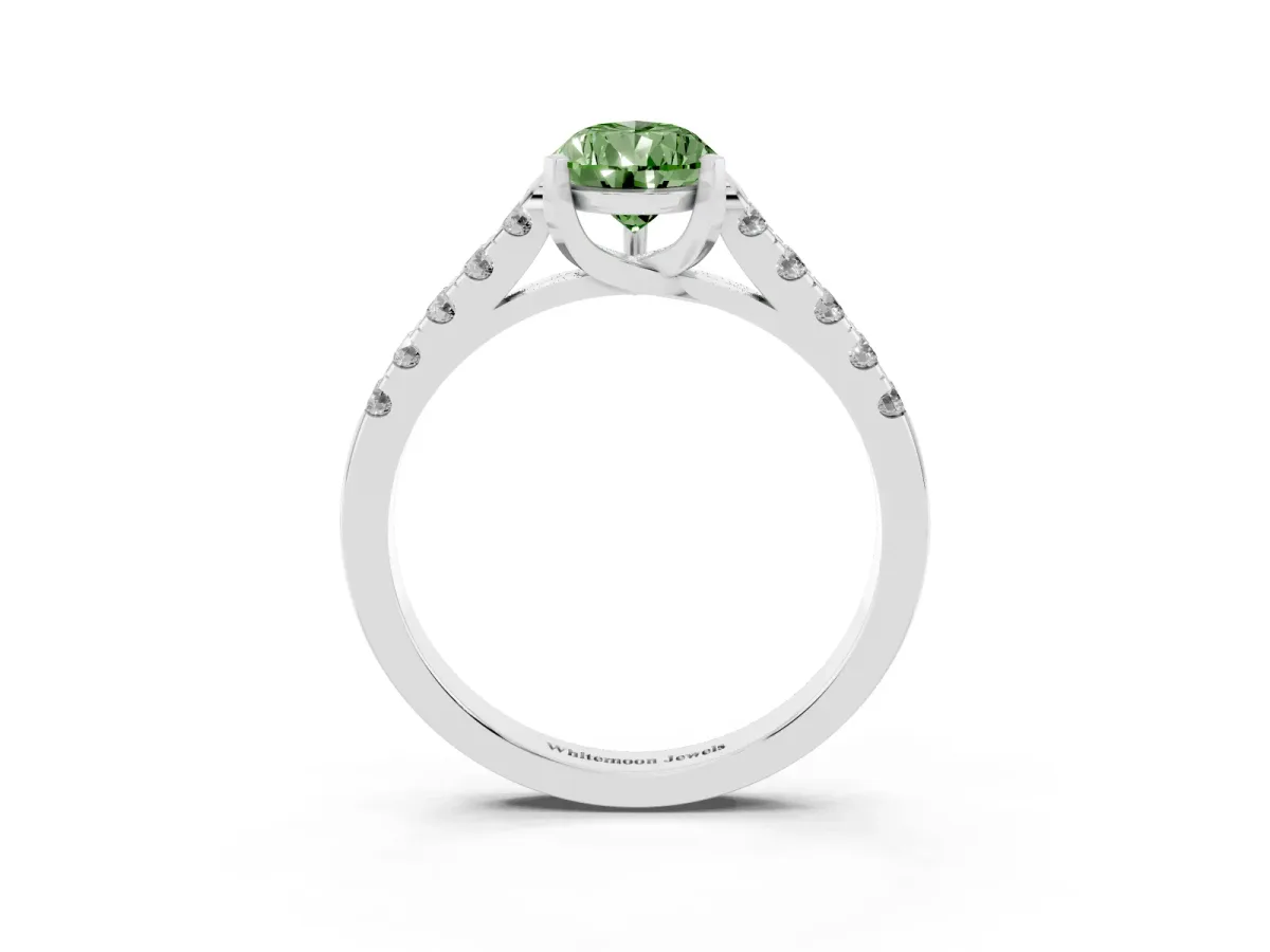 Fancy Green Pear Cut Diamond Pavé Band Solitaire Ring with Prong Setting Platinum