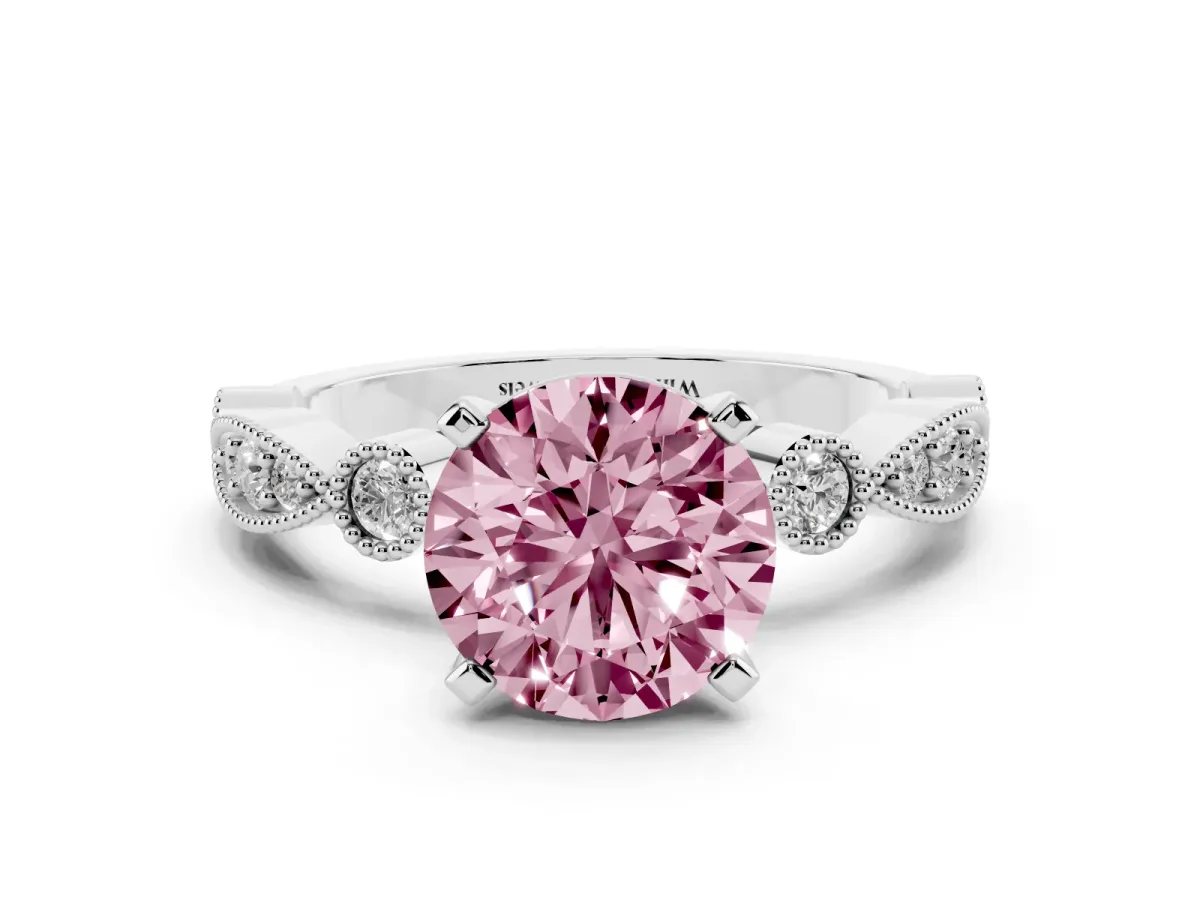 Fancy Pink Round Cut Milgrain Bezel Diamond Engagement Ring with Solitaire Prong Setting Silver