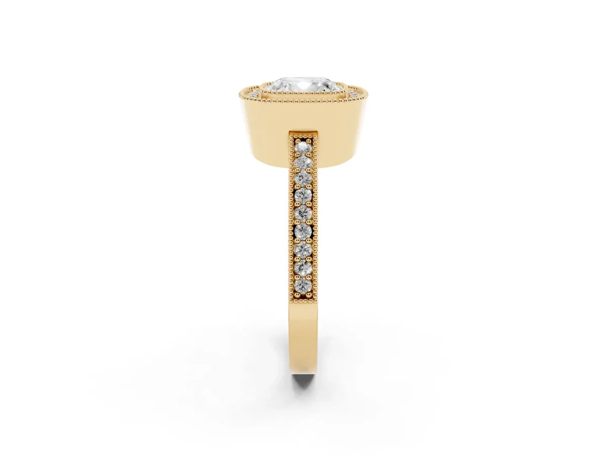 Cushion Cut-Cut Diamond Halo Engagement Ring with Pave Band and Prong Setting Yellow gold