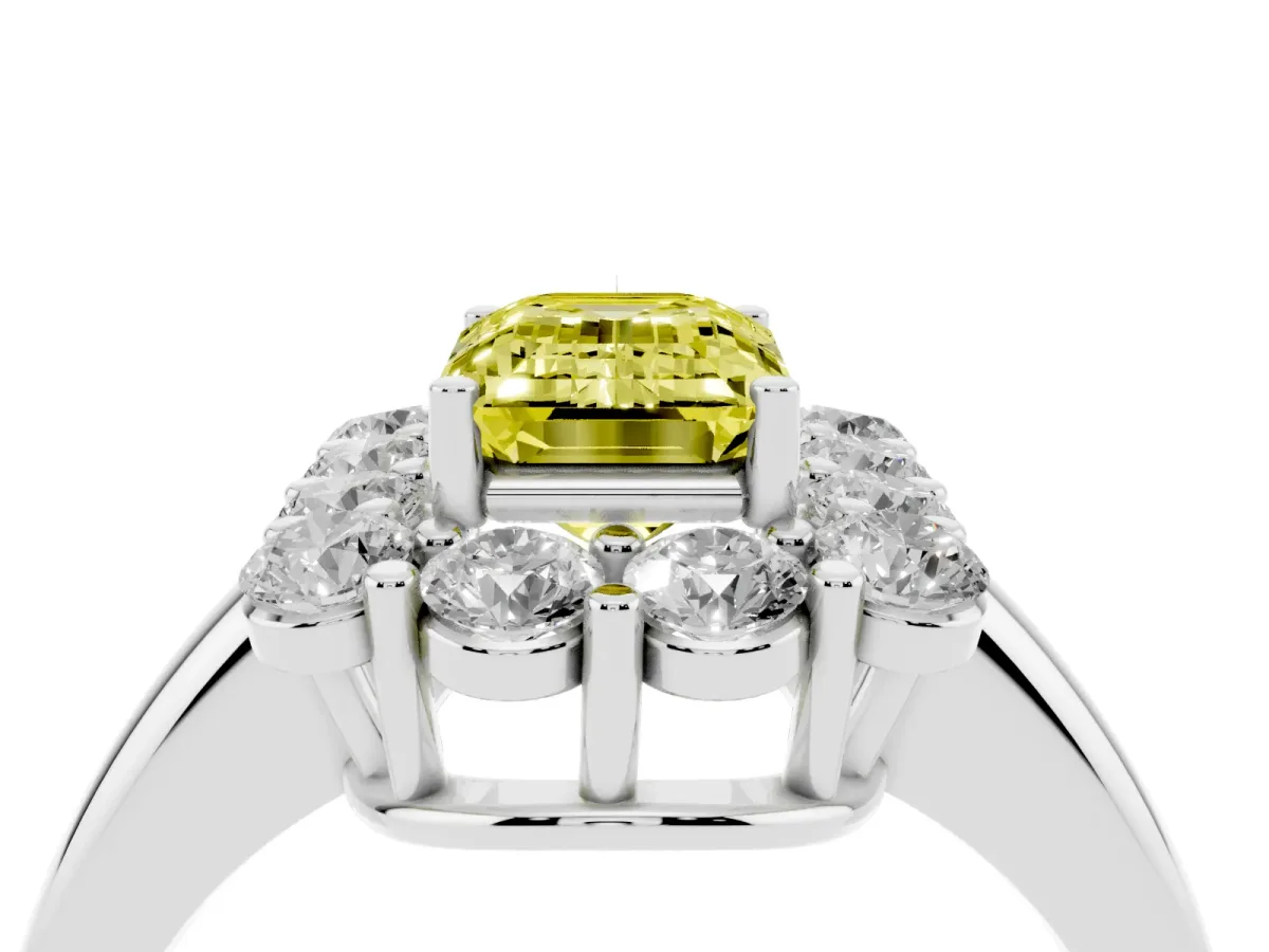 Fancy Yellow Emerald Cut Halo Cluster Diamond Engagement Ring with Prong Setting and Polished Band White gold