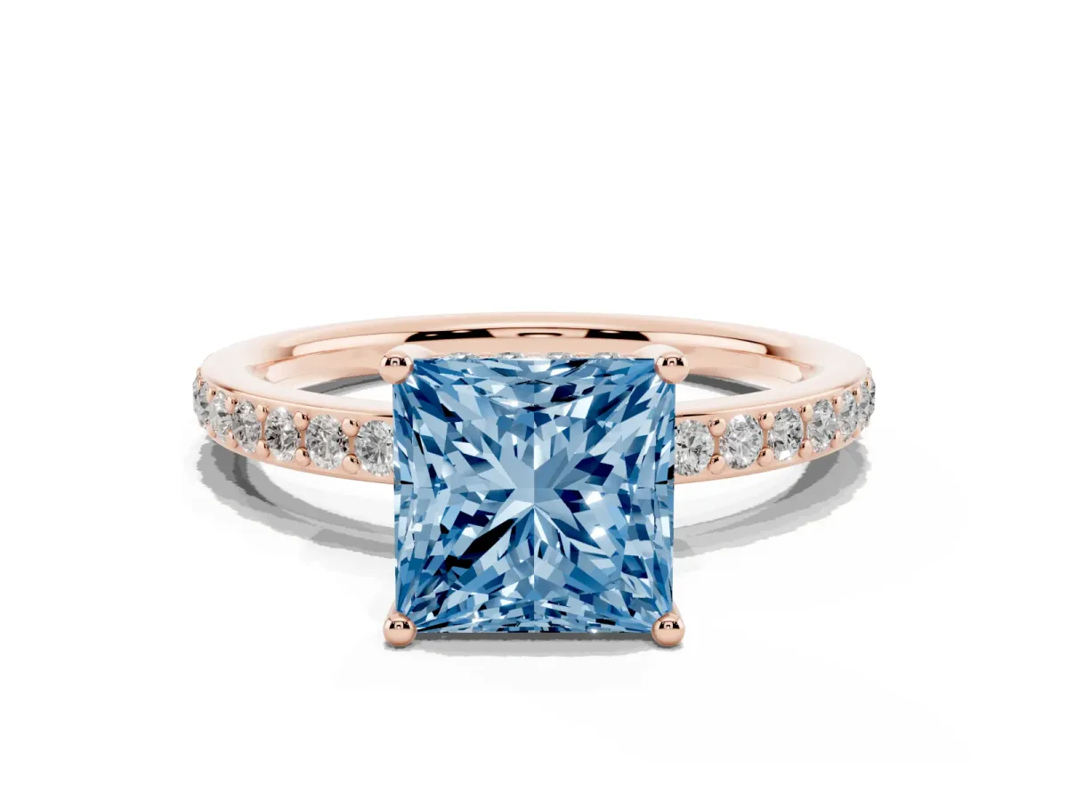Fancy Blue Princess Cut Cut Diamond Pavé Band Ring with Four-Prong Setting Rose gold