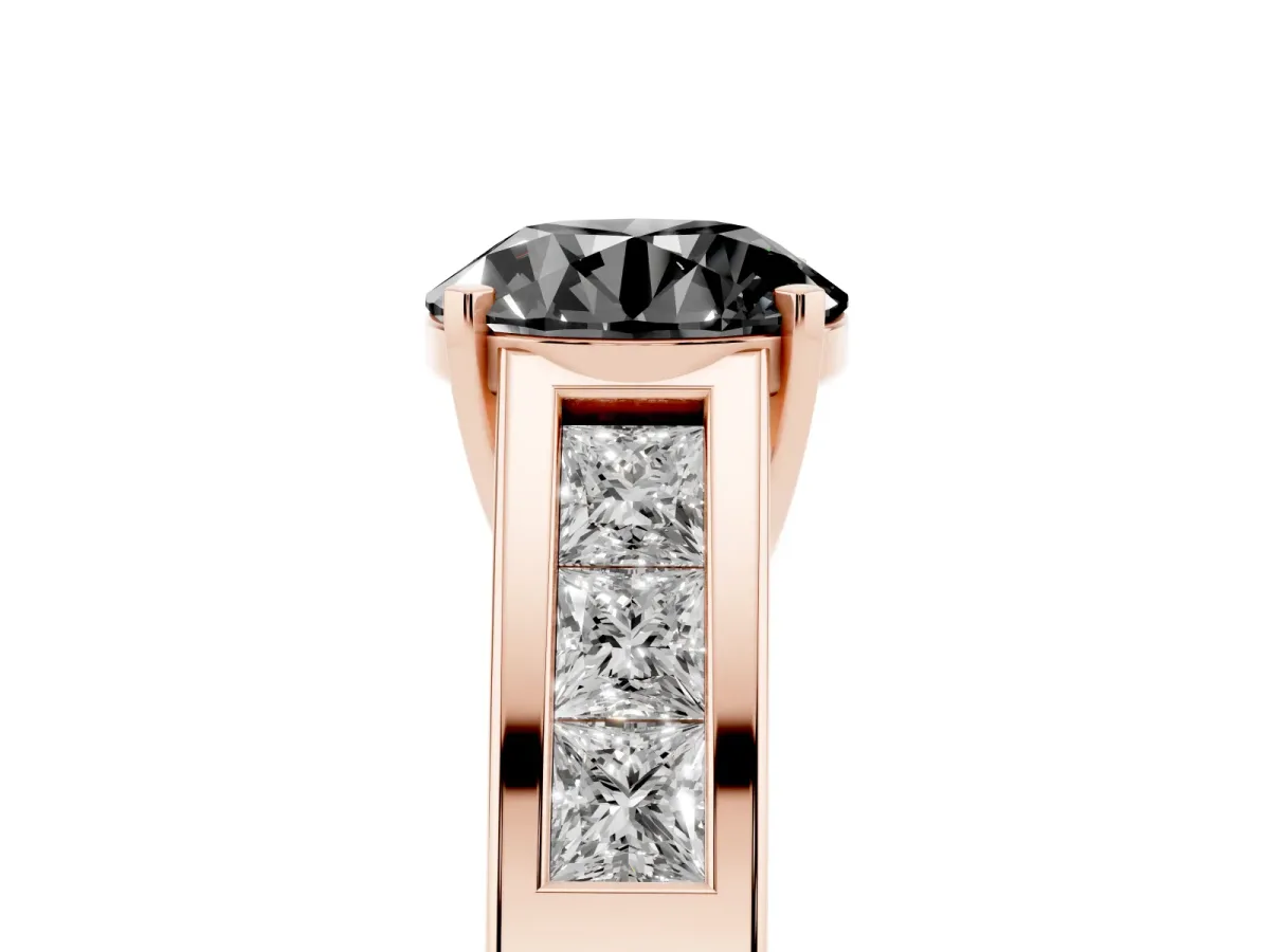 Fancy Black Round Cut Cut Channel Set Solitaire Ring with Four-Prong Setting Rose gold